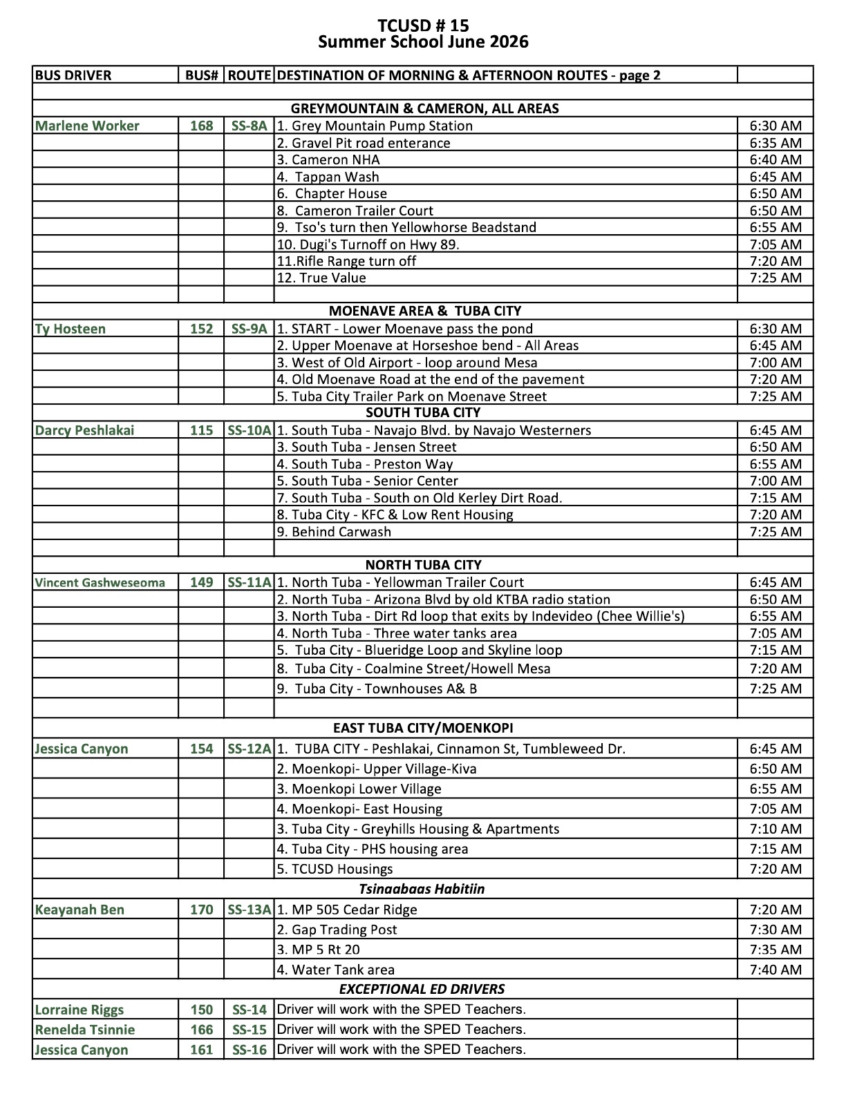 TCUSD 2026 Summer Bus Schedule Page 2 of 2